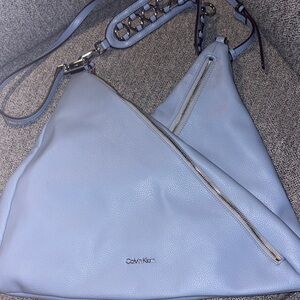 Calvin Klein Oversized Leather Light Blue Triangle Shoulder Bag